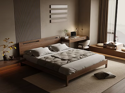 Modern Bedroom Interior With Wooden Bed Desk Window Rug Decorative Art And Plant 3d model