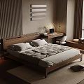 Modern Bedroom Interior With Wooden Bed Desk Window Rug Decorative Art And Plant