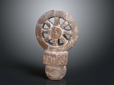 Intricate Wheel Shaped Carved Stone Sculpture With Spokes And Base Design 3d model