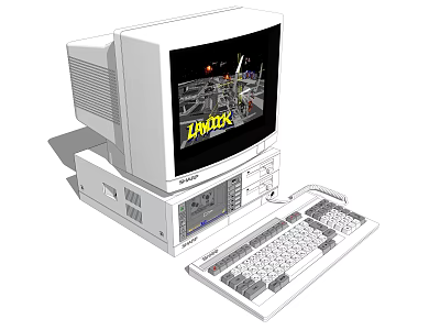 Vintage Desktop Computer with CRT Monitor Desktop Tower and Keyboard Displaying TANKER Game Screen 3d model