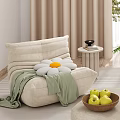 Beige Sofa And Coffee Table Set With Curtains Window Green Plant Floor Lamp And Stuffed Toys