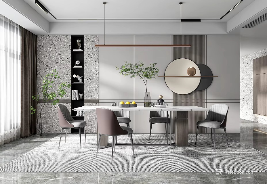 Modern Restaurant Interior Design With Dining Table Chairs Pendant Lights And Decorative Plants 3d model 