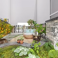 Serene Courtyard Garden With Stone Pathway Green Plants And Water Feature