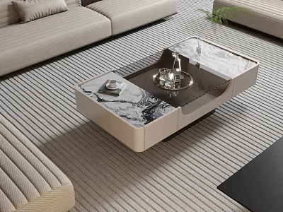 Contemporary Coffee Table With Marble Top Tray Cup And Plant In Modern Living Room 3d model