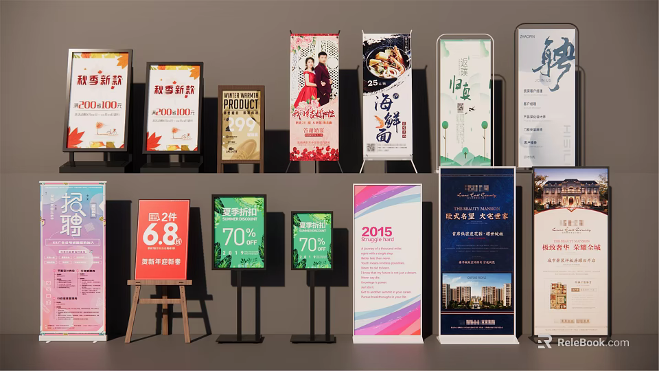Various Advertising Billboards With Promotional Content Diverse Designs And Display Stands 3d model 
