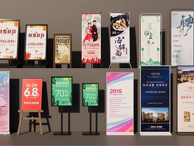 Various Advertising Billboards With Promotional Content Diverse Designs And Display Stands 3d model
