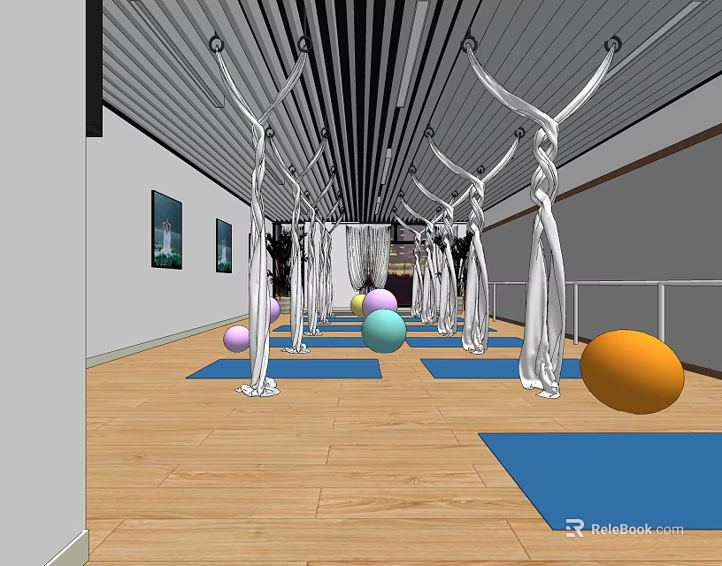 Yoga Fitness Studio With Hammocks Mats And Colorful Exercise Balls On Wooden Floor 3d model 