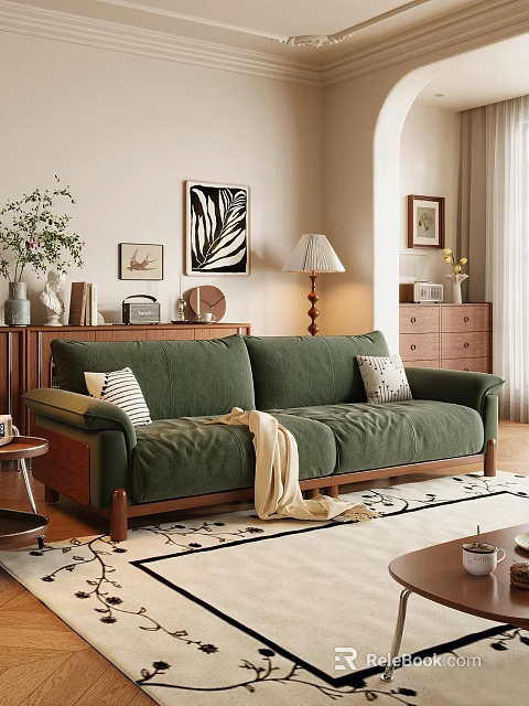 Green Sofa And Coffee Table Set With Throw Pillows Blanket Floor Lamp And Wall Art 3d model 