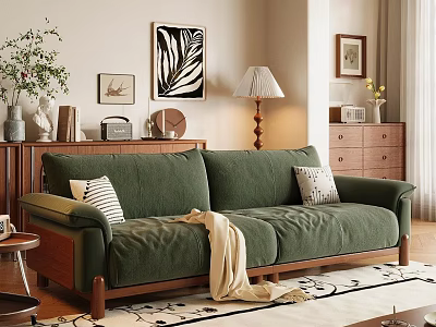 Green Sofa And Coffee Table Set With Throw Pillows Blanket Floor Lamp And Wall Art 3d model