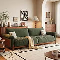 Green Sofa And Coffee Table Set With Throw Pillows Blanket Floor Lamp And Wall Art