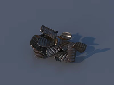 Copper Metal Leaf Shaped Textured Decorative Pieces Stacked On Gray Background With Shadow 3d model