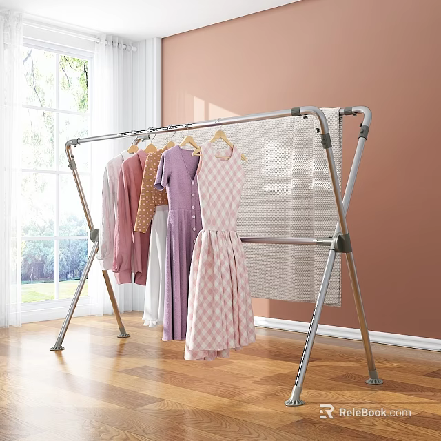 Sturdy Metal Garment Rack With Hanging Clothes And Mesh Shelf In Indoor Wooden Floor Room 3d model 