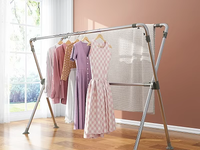 Sturdy Metal Garment Rack With Hanging Clothes And Mesh Shelf In Indoor Wooden Floor Room 3d model