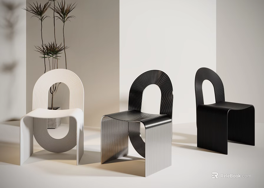 Elegant Modern Geometric Curved Design Dining Chairs White Silver Black Interior 3d model 