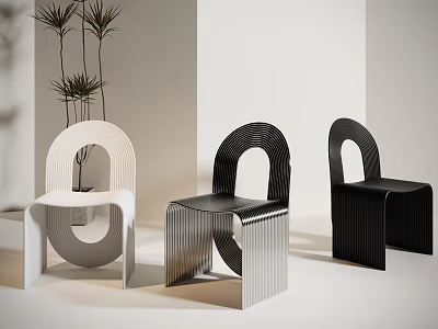 Elegant Modern Geometric Curved Design Dining Chairs White Silver Black Interior 3d model