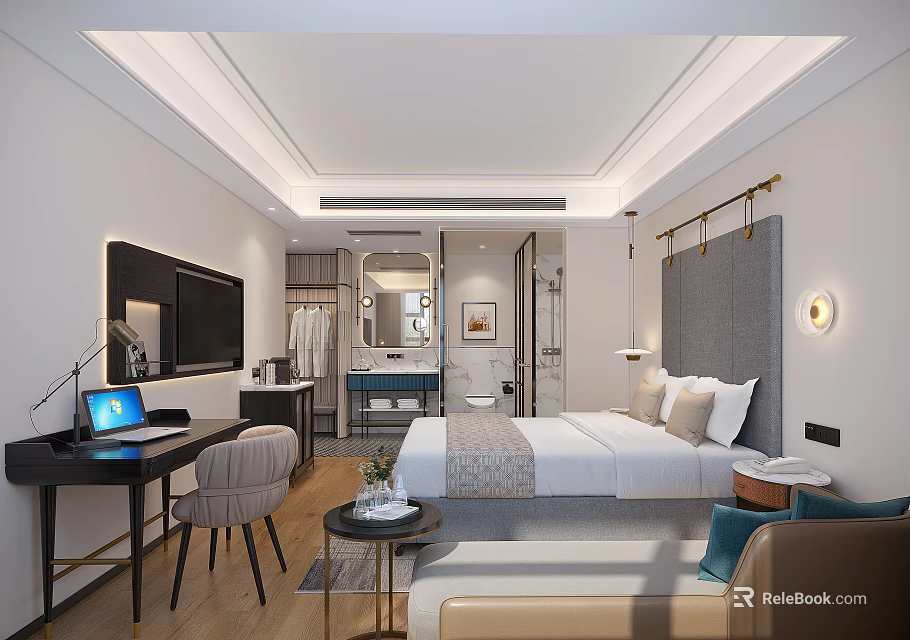 Modern Hotel Room Interior With Comfortable Bed Sofa Work Desk TV And Stylish Lighting Decor 3d model 