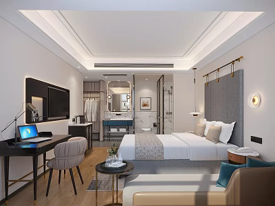 Modern Hotel Room Interior With Comfortable Bed Sofa Work Desk TV And Stylish Lighting Decor 3d model