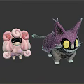 3D Animated Cartoon Characters With Pink Curly Hair Sunglasses Purple Body Pointed Ears Yellow Eyes