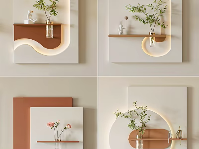 Modern Minimalist Wall Hanging Decor With Wooden Shelf LED Light And Green Plant Decoration 3d model