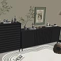 Modern Minimalist Entryway Interior With Gray Cabinet Sideboard Potted Plants Photo Frames And Table Lamp