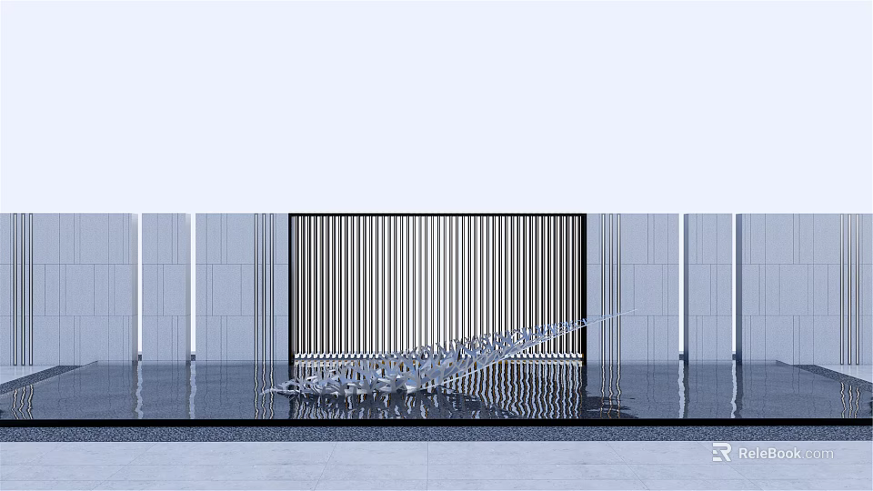 Modern Metallic Landscape Sculpture With Streamlined Design Vertical Striped Wall And Water Reflection 3d model 