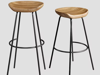 Modern Bar Stools With Wooden Seat And Black Metal Legs Round Footrest 3d model