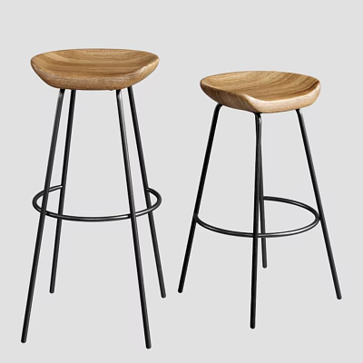 Modern Bar Stools With Wooden Seat And Black Metal Legs Round Footrest 3d model