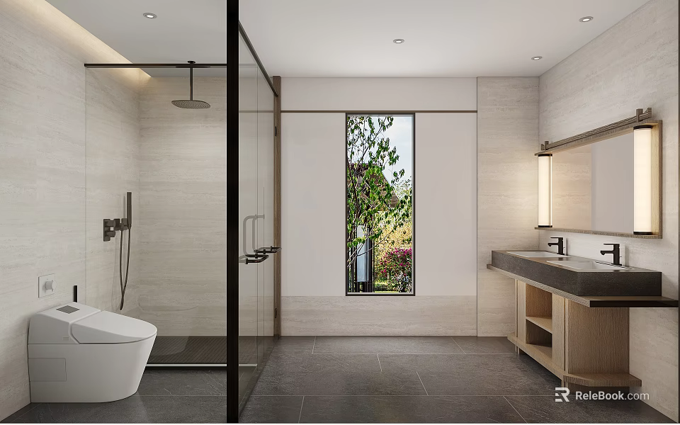 Modern Hotel Bathroom Design With Glass Shower Wooden Vanity Recessed Lighting And Green View Window 3d model 