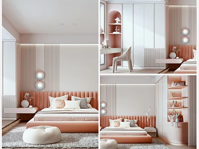 Pink And White Kids Room Interior With Soft Bed Bookshelves Lighting And Pouf 3d model