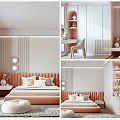 Pink And White Kids Room Interior With Soft Bed Bookshelves Lighting And Pouf
