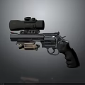 Tactical Silver Metal Revolver With Scope Flashlight And Brown Grip Isolated On Dark Background