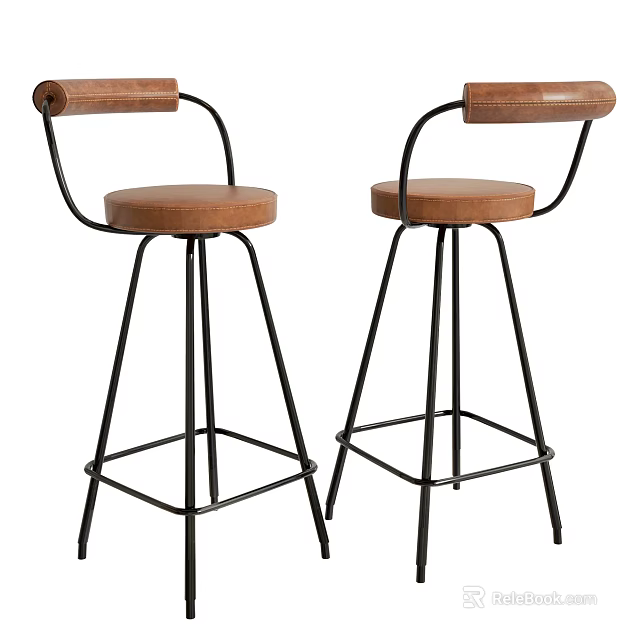 Modern Bar Stools With Wooden Seat Backrest And Black Metal Frame 3d model 