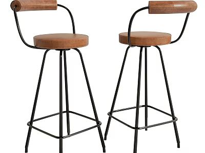 Modern Bar Stools With Wooden Seat Backrest And Black Metal Frame 3d model