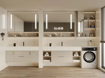 Modern Bathroom Laundry Area With Double Washbasin White Countertop Mirror LED Lights Cabinet Washing Machine 3d model