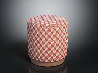 Round Upholstered Stool With Red And White Checkered Fabric And Wooden Base 3d model