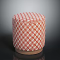 Round Upholstered Stool With Red And White Checkered Fabric And Wooden Base