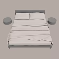 Modern Double Bed with Gray Headboard Two Pillows Gray Bedspread and Round Nightstands