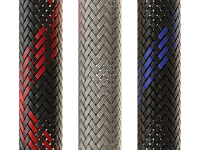 Three Woven Textured Cylinders Featuring Red Silver And Blue Braided Patterns 3d model