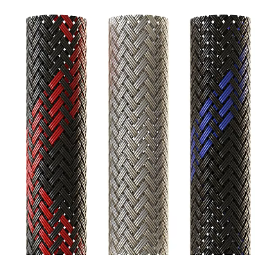 Three Woven Textured Cylinders Featuring Red Silver And Blue Braided Patterns 3d model