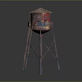 Rusty Metal Water Tower With Ladder Small Roof And Red Graffiti 3d model