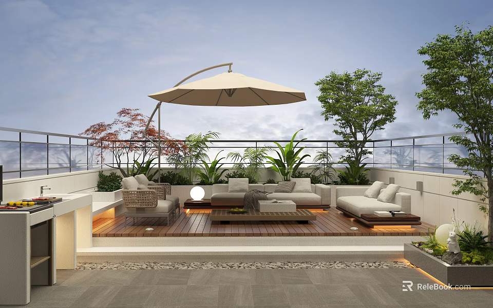 Modern Roof Garden With Wooden Deck Sofa Seating White Parasol And Green Plants 3d model 