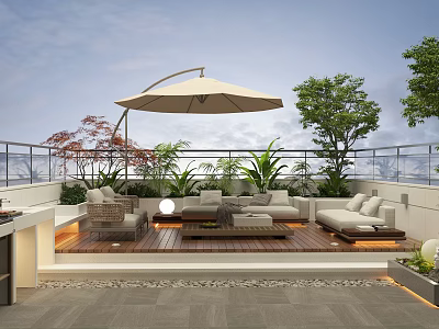 Modern Roof Garden With Wooden Deck Sofa Seating White Parasol And Green Plants 3d model