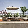 Modern Roof Garden With Wooden Deck Sofa Seating White Parasol And Green Plants