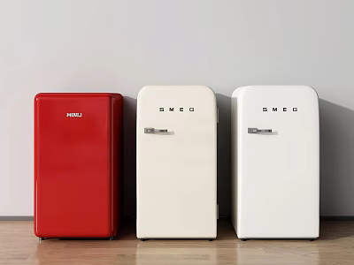 Retro MEG Refrigerators in Red Cream and White Standing Side by Side Against Wall 3d model