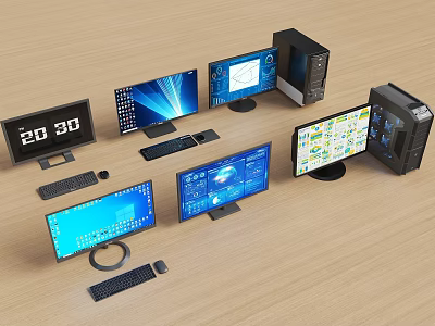Multiple Computer Monitors With Diverse Displays PC Tower And Keyboards Setup 3d model