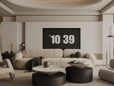 Modern Living Room Interior With Beige Sofa Round Coffee Tables And Black Display Screen 3d model