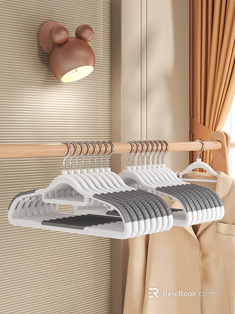 Non slip White and Gray Plastic Hangers on Wooden Rod for Indoor Home Organizing 3d model 