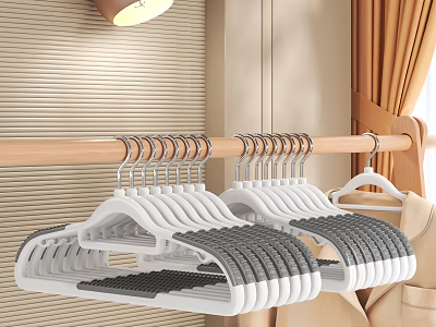 Non slip White and Gray Plastic Hangers on Wooden Rod for Indoor Home Organizing 3d model