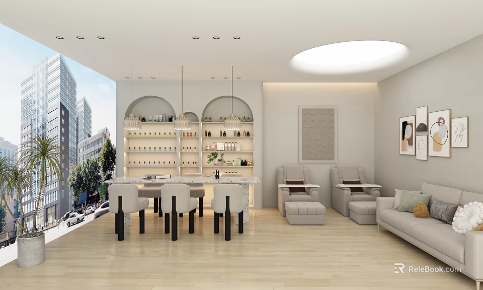 Modern Beauty Hair Salon Interior Featuring Styling Stations Product Racks And Client Seating 3d model 