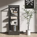 Modern Glass Door Bookcase With Wooden Shelves Decorative Items And Potted Plant